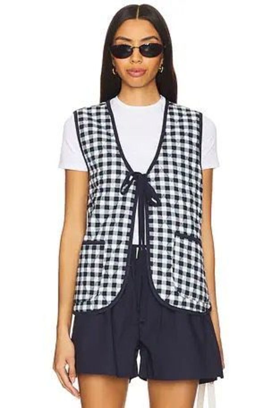 Free People Claudine Quilted Vest in Blue White Checkered XS